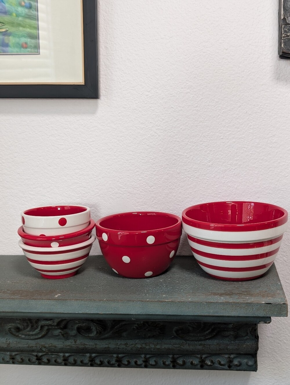 Terramoto Ceramic Red And White Stripes And Polka Dots Set of 5 Nesting Bowls